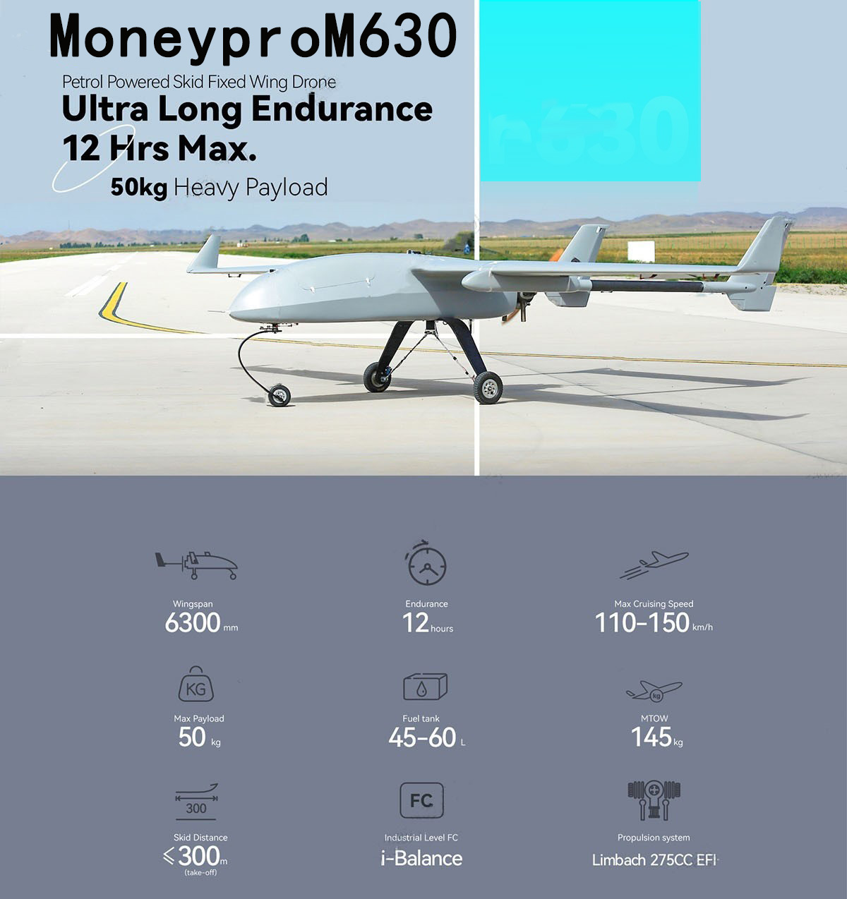 China Moneypro M630 Gasoline-Powered Fixed-Wing Drone with Ultra-Long 12-Hour Endurance and 50kg Maximum Payload Capacity