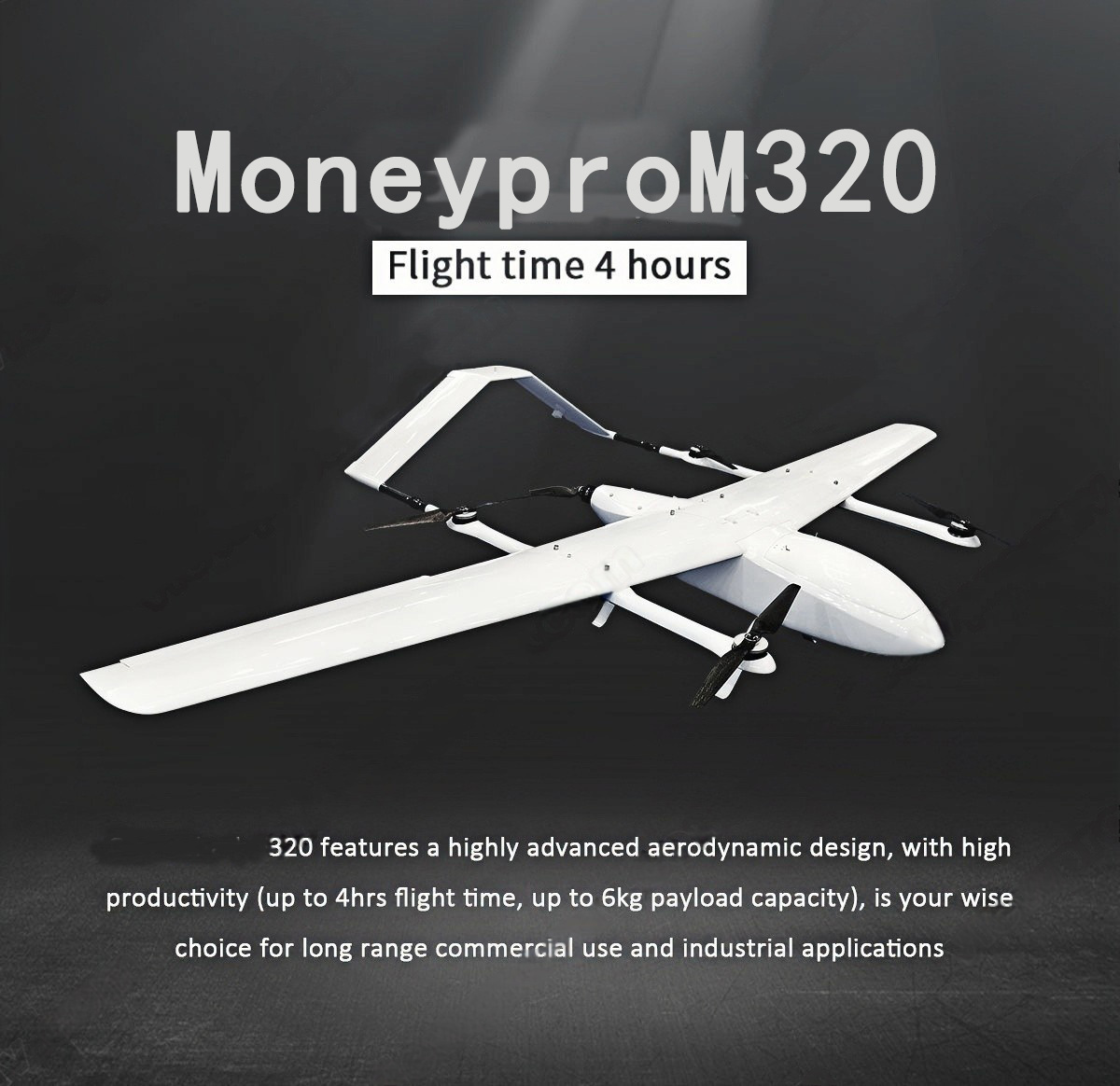 China Moneypro M320 4hrs Long Endurance Electric VTOL Tail-push Airplane