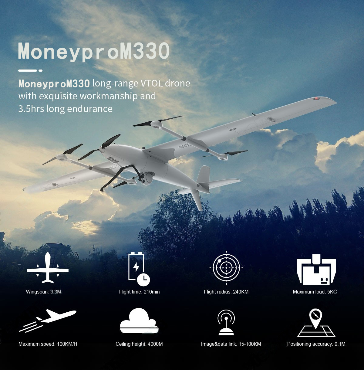 China Moneypro M330 Long-range VTOL Drone with Exquisite Workmanship and 3.5hrs Flight Time