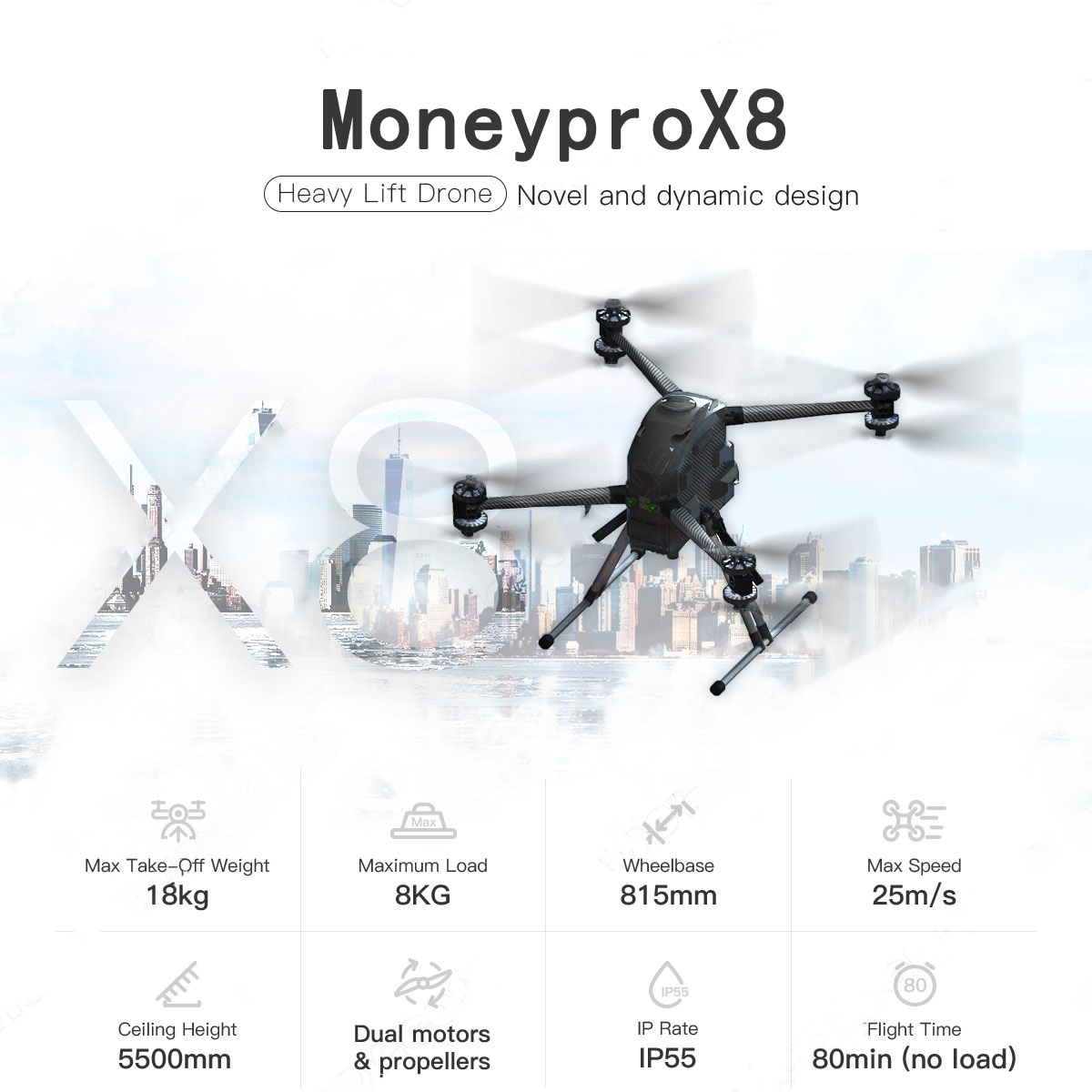 China Moneypro MX8 Coaxial Octocopter Dual Power System 8kg Max Payload Heavy Lift Drone