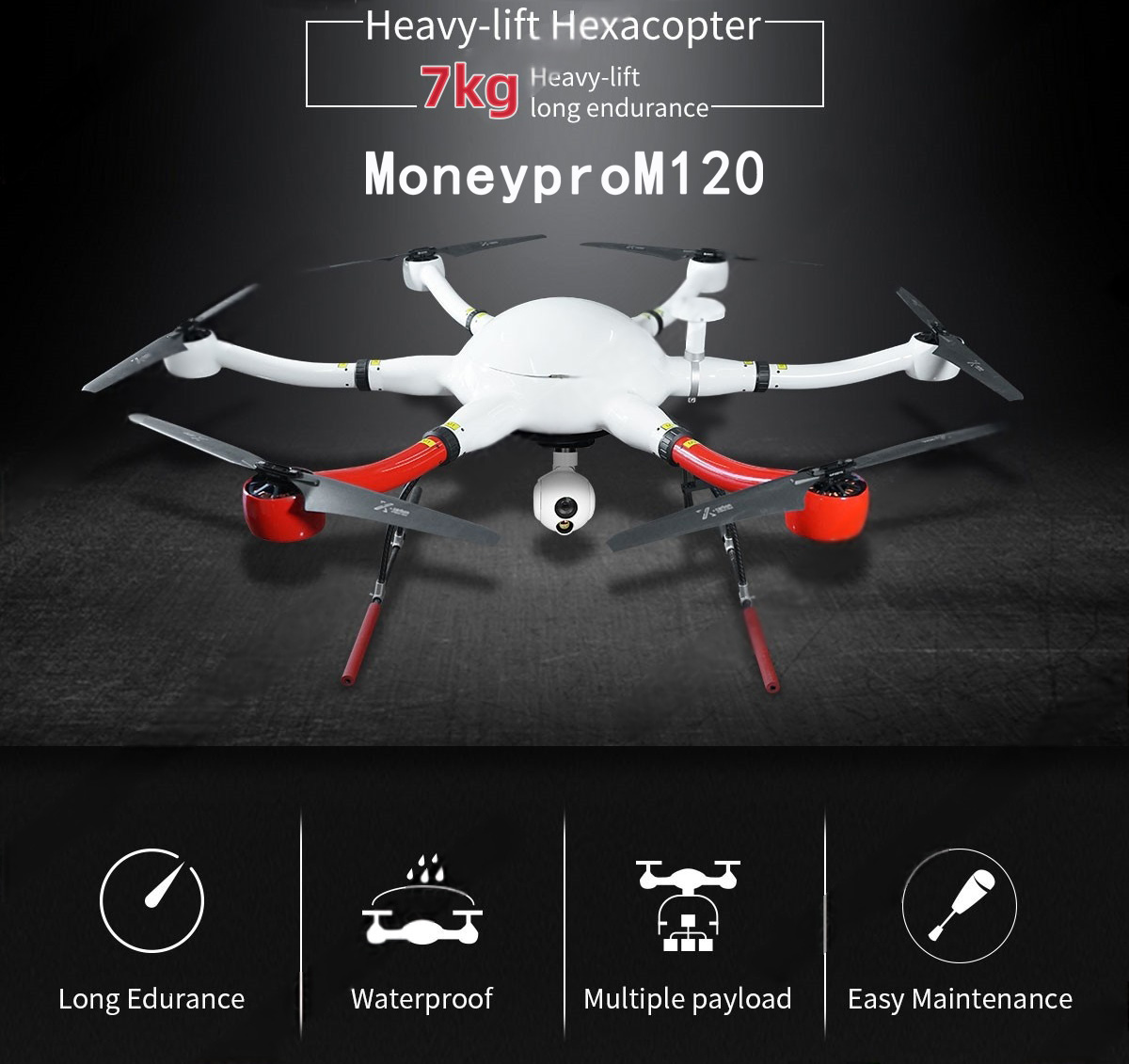 China Moneypro M120 Heavy-lift Small Hexacopter Battery Drone with 1200mm WheelbaseTime