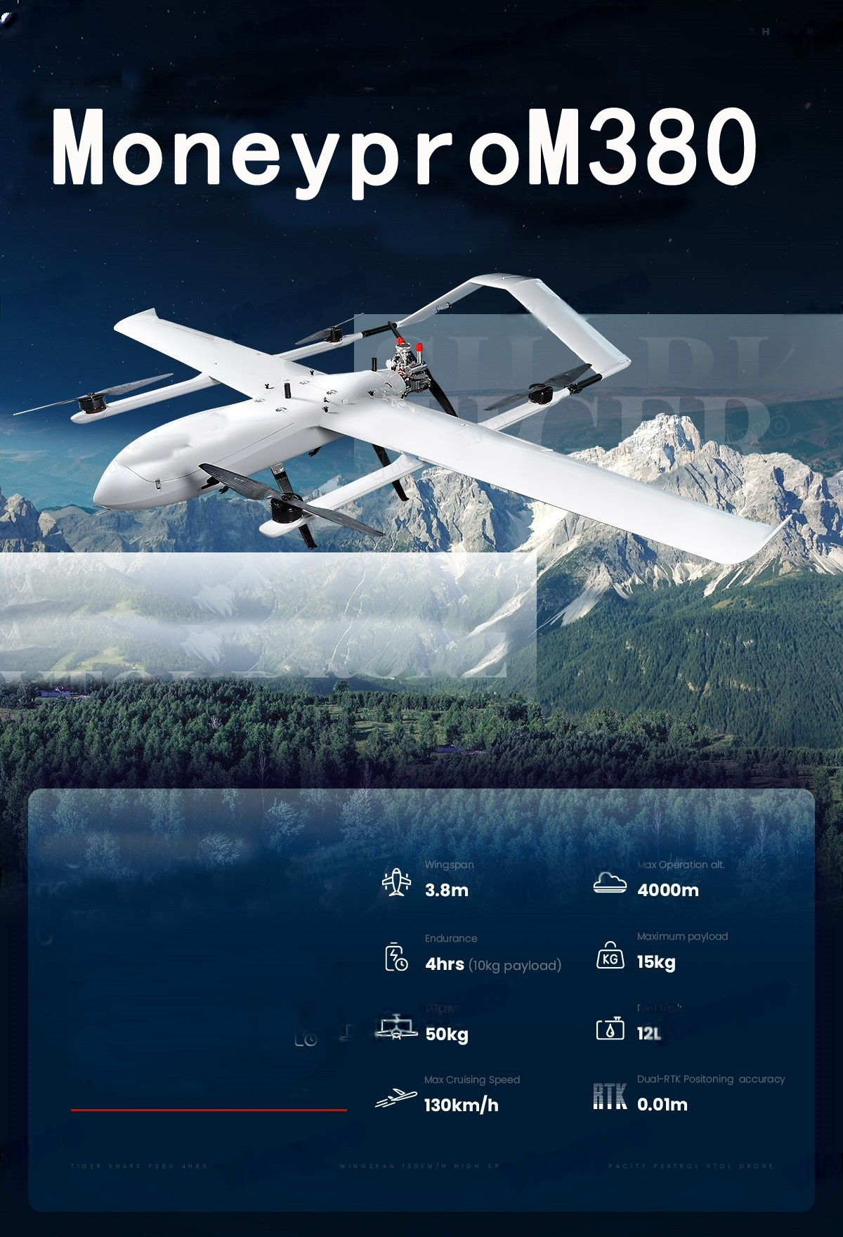 China Moneypro M380 Heavy Lift Hybrid VTOL Fixed Wing with 3.8m Wingspan EFI Engine10kg Load Capacity