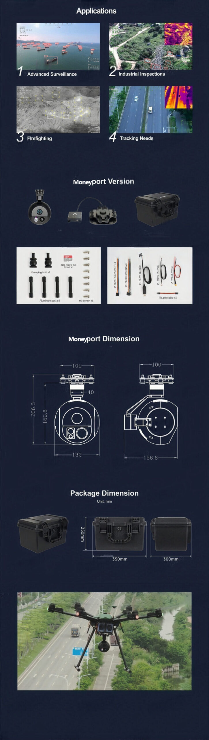 China Moneypro M20 4K 20X Optical Zoom EO/lR 3km Laser Rangefinder Triple Sensors Object Tracking Gimbal Camera
