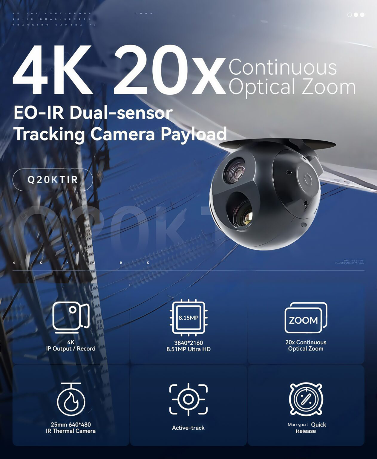 China Moneypro M20KTIR 4K Camera 20x Continuous Optical Zoom EO-IR Dual-sensor Tracking Camera Payload