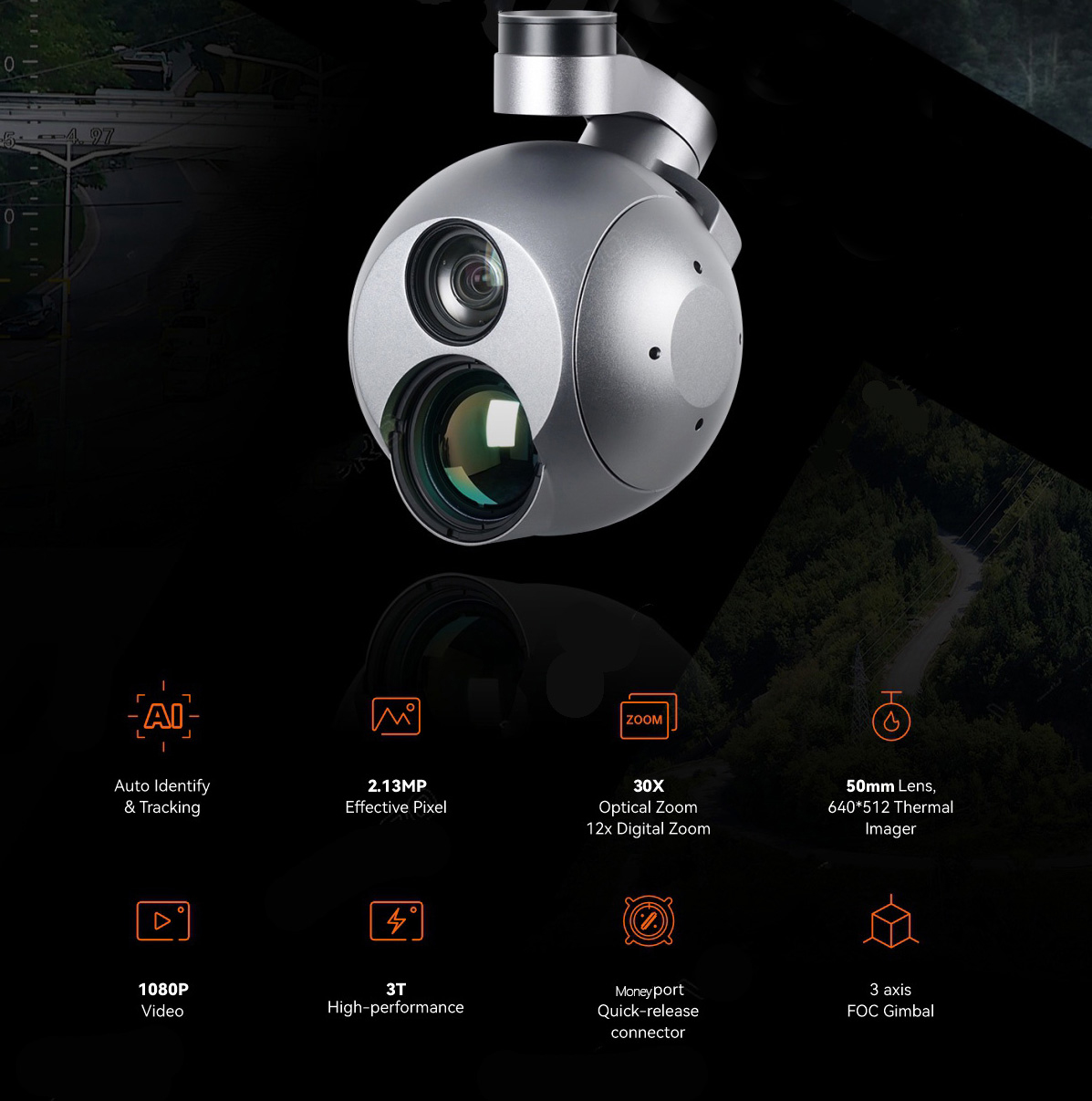 China Moneypro M30T-50 30x AI Object Tracking EO+IR Dual Semsor Gimbal Camera