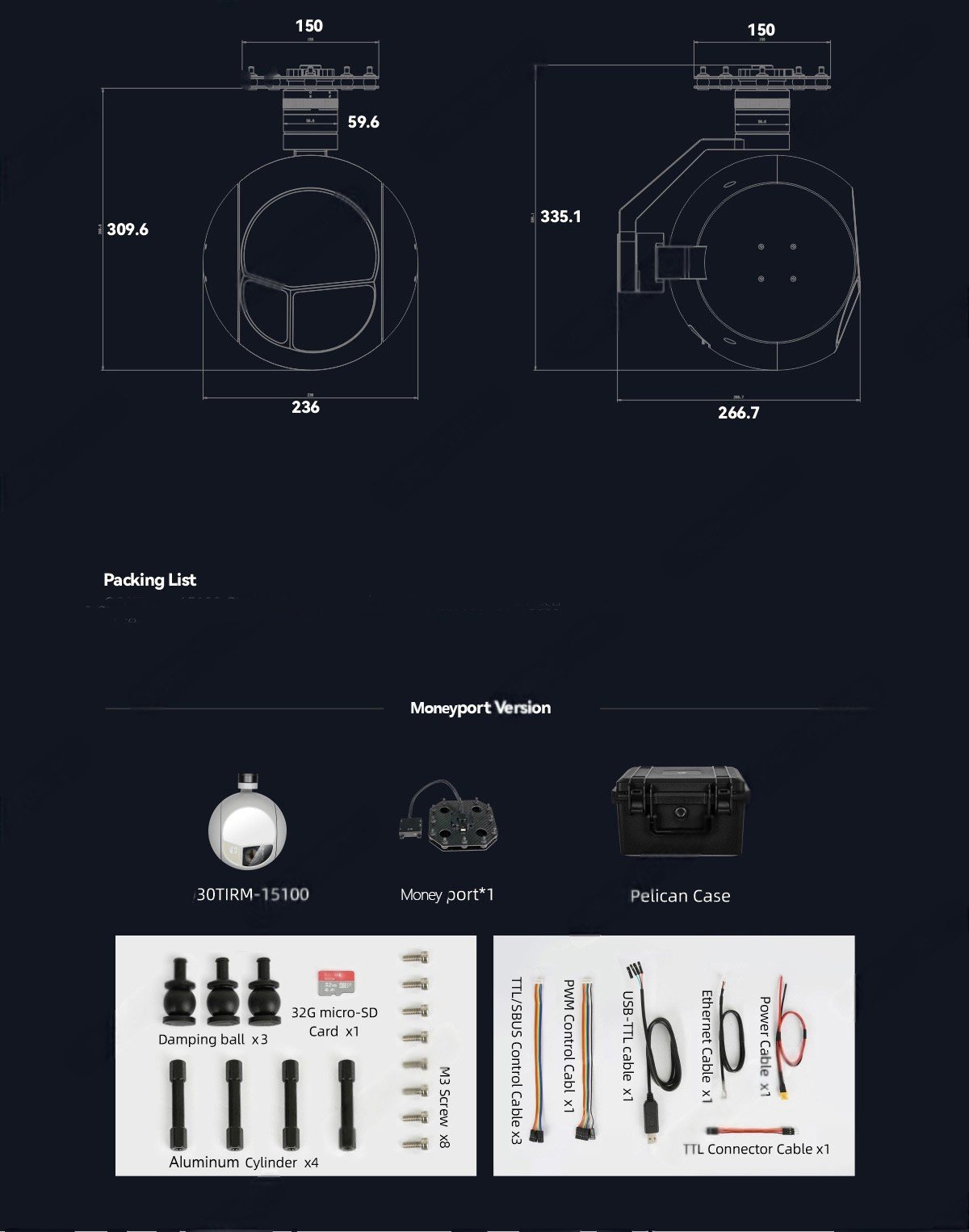 China Moneypro M30TIRM-15100 Triple Sensors 7X Optical Zoom 1280 IR Thermal STARVIS EO Gimbal Camera