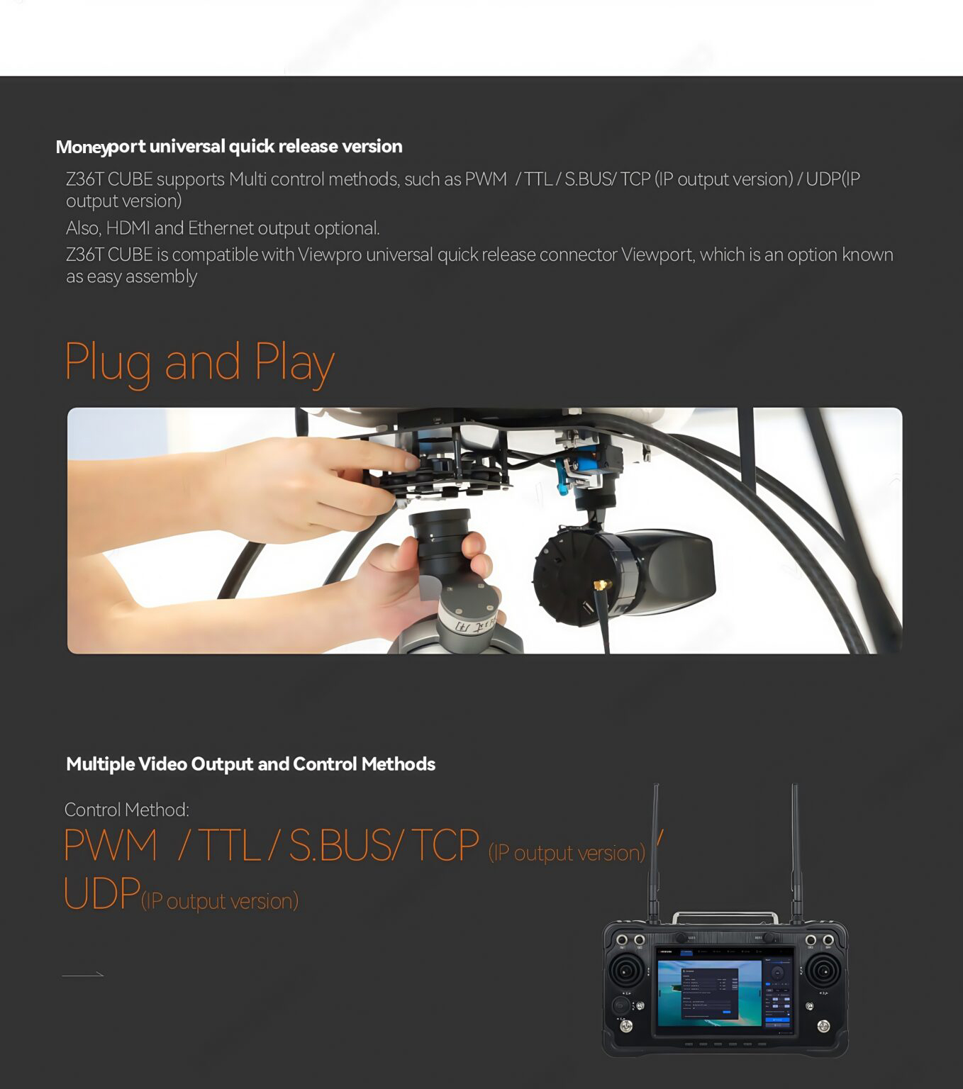 China Moneypro M36T cube optimized 36times zoom camera gimbal Professional 3-axis High-precise FOC Program tracking camera