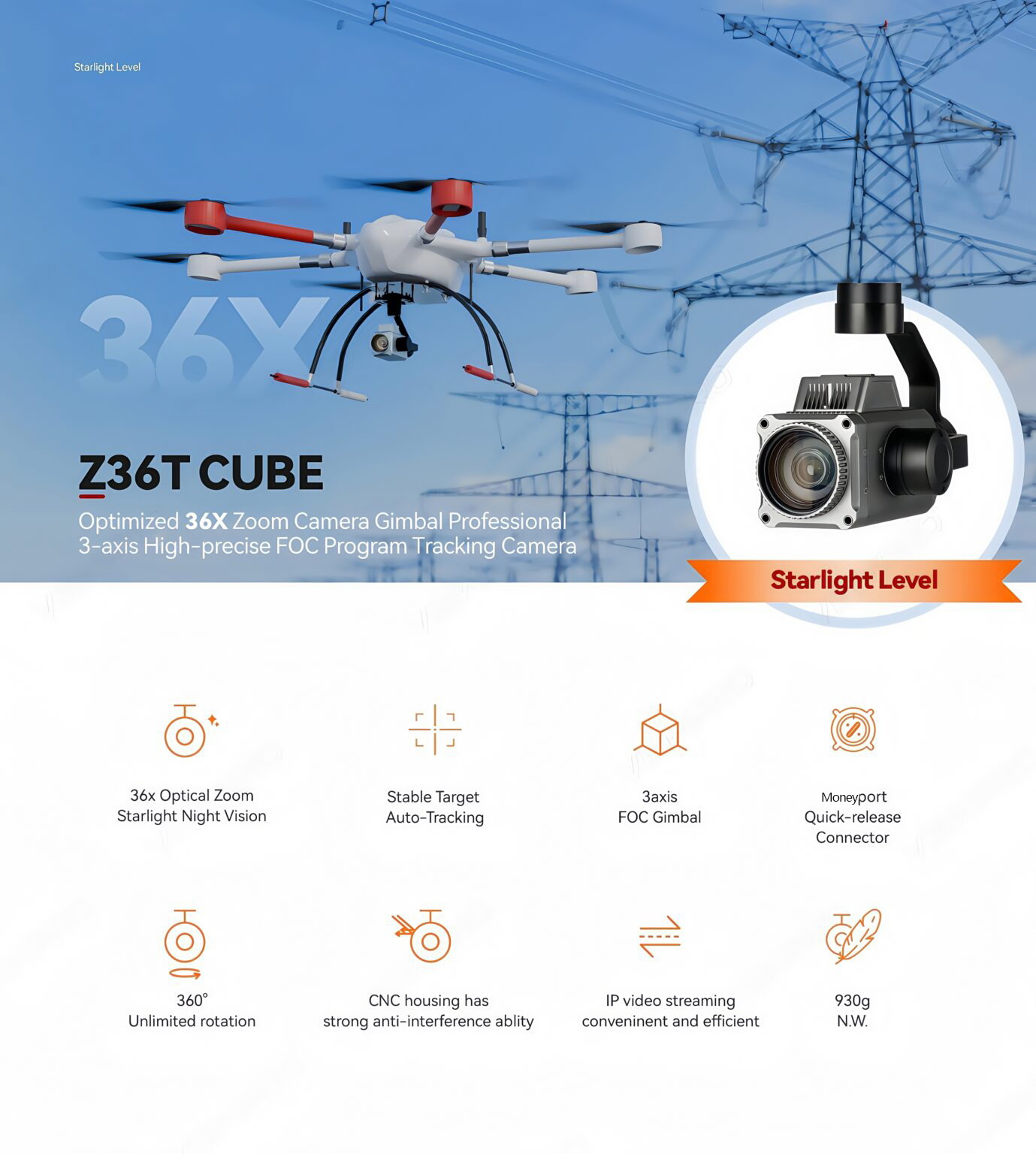 China Moneypro M36T cube optimized 36times zoom camera gimbal Professional 3-axis High-precise FOC Program tracking camera