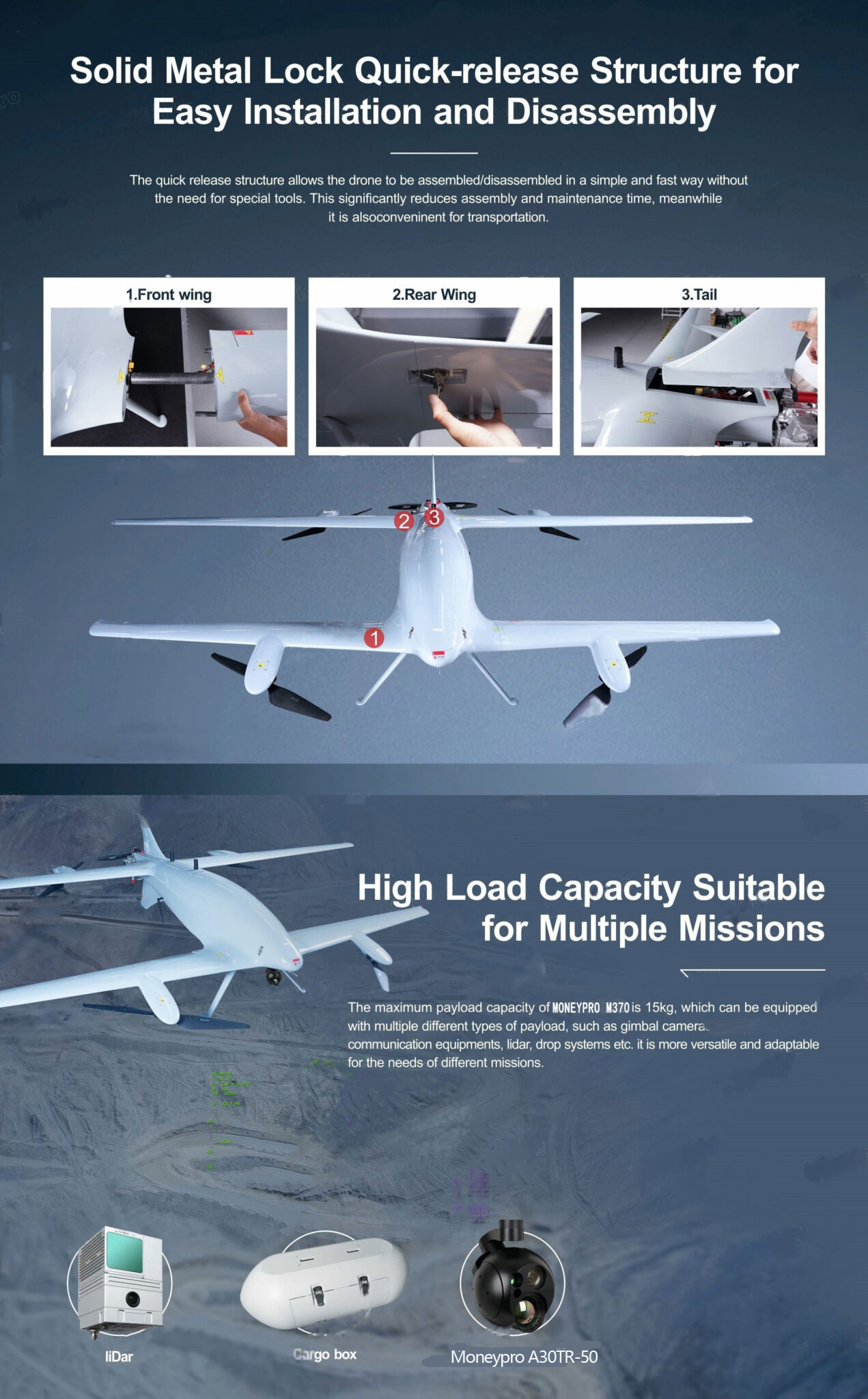 China Moneypro M370 10hrs Long Endurance Hybrid VTOL with 15kg Load Capacity