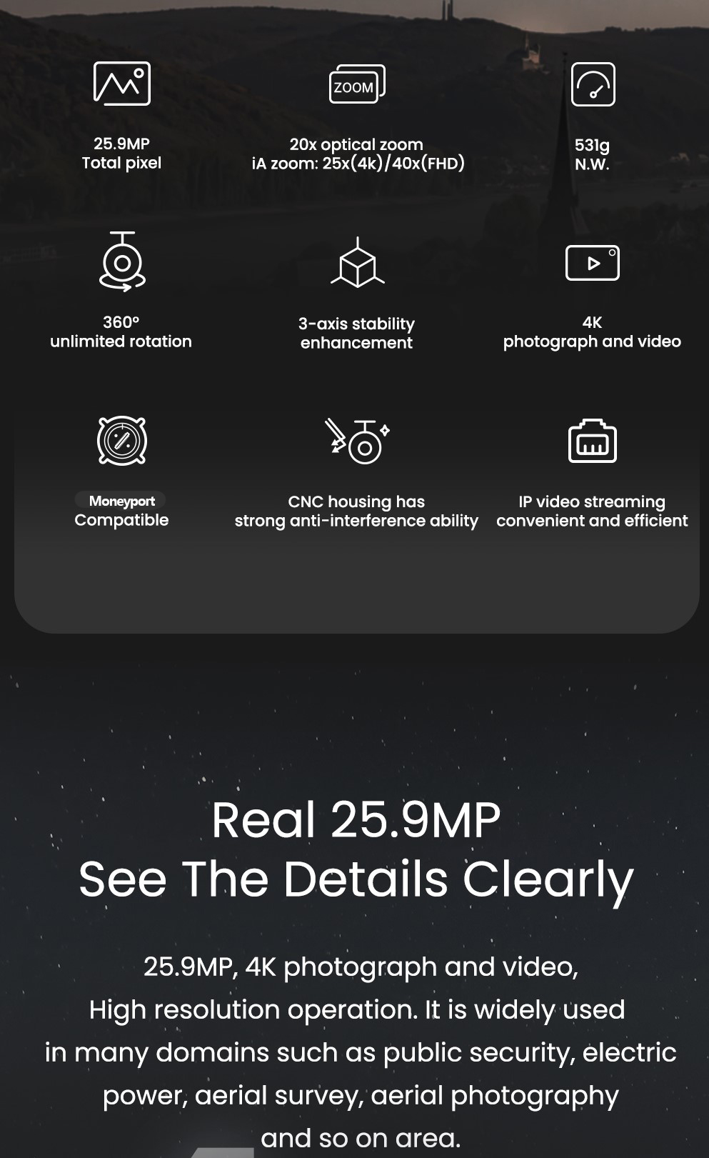 China Moneypro M40K single 4K HD 25 times zoom gimbal camera 3-axis gimbal UAV Aerial photography, cartography and patrol inspection