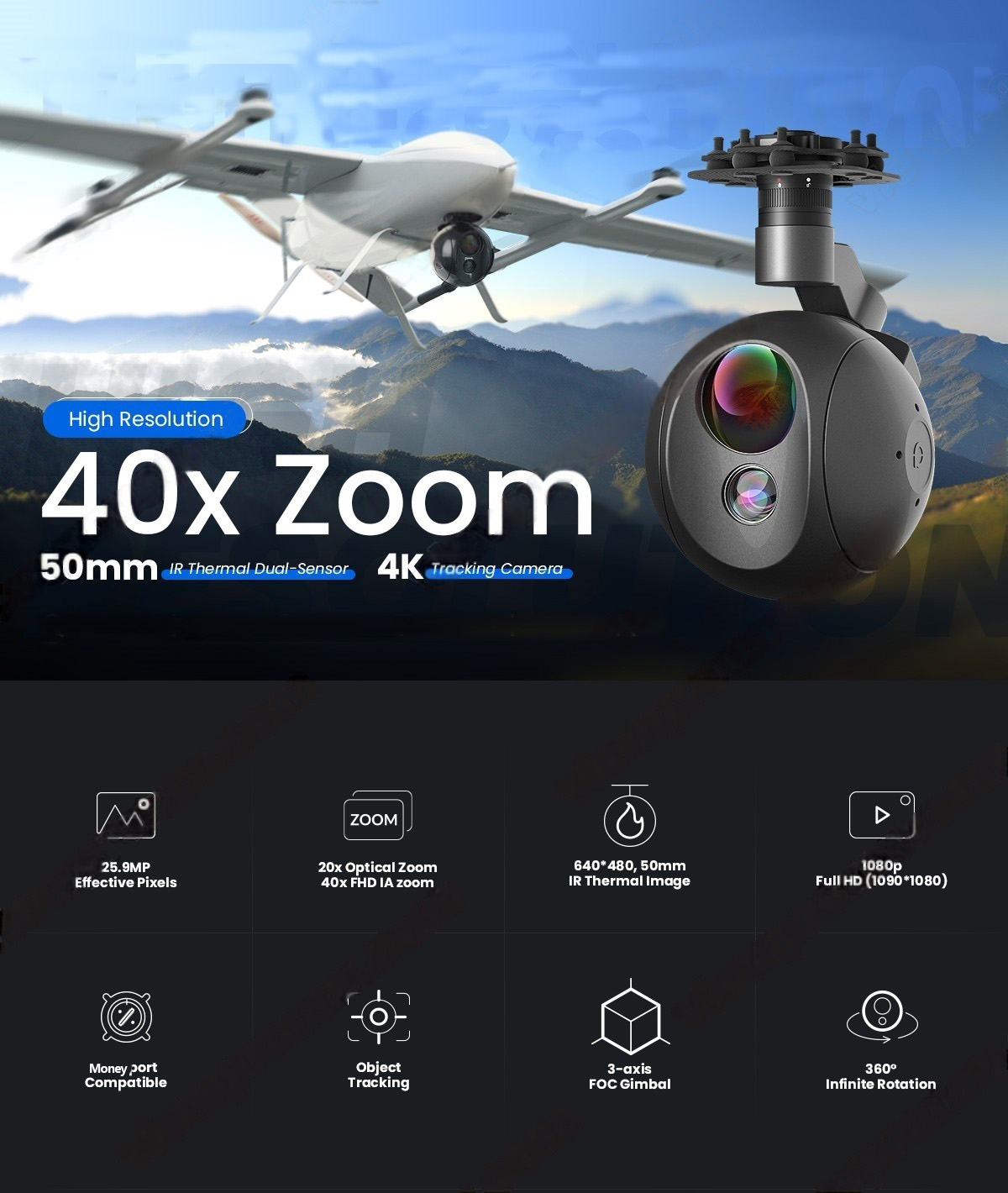 China Moneypro M40TIR 4K 40x Zoom 50mm IR Thermal Dual-Sensor Tracking Camera