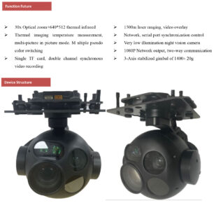 China Moneypro MG30G619L15NA Four light high-performance Gimbal 30x Optical zoom camera + 640x512 thermal camera+1500m ranging+four light night vision 3-Axis Stabilized , IP output
