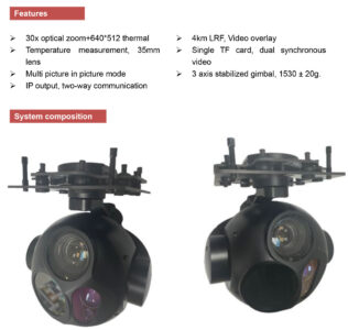 China Moneypro MG30G635L40A HIGH PERFORMANCE THREE LIGHT GIMBAL CAMERA 30X OPTICAL ZOOM + 35MM LENS 640*512 THERMAL+ 4KM LASER RANGE FINDER, IP OUTPUT GIMBAL FOR DRONE